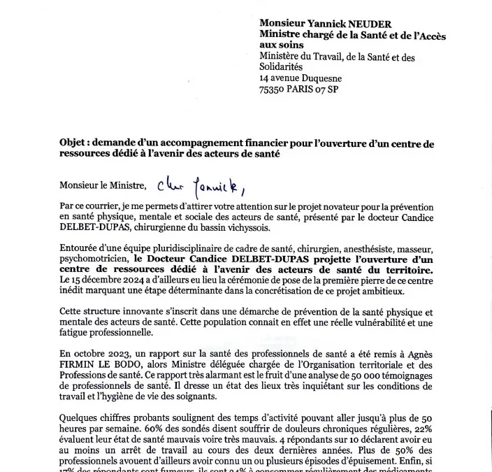 Courrier de soutien du député Nicolas Ray au ministre de la Santé Yannick Neuder pour les BAZARs de la Santé